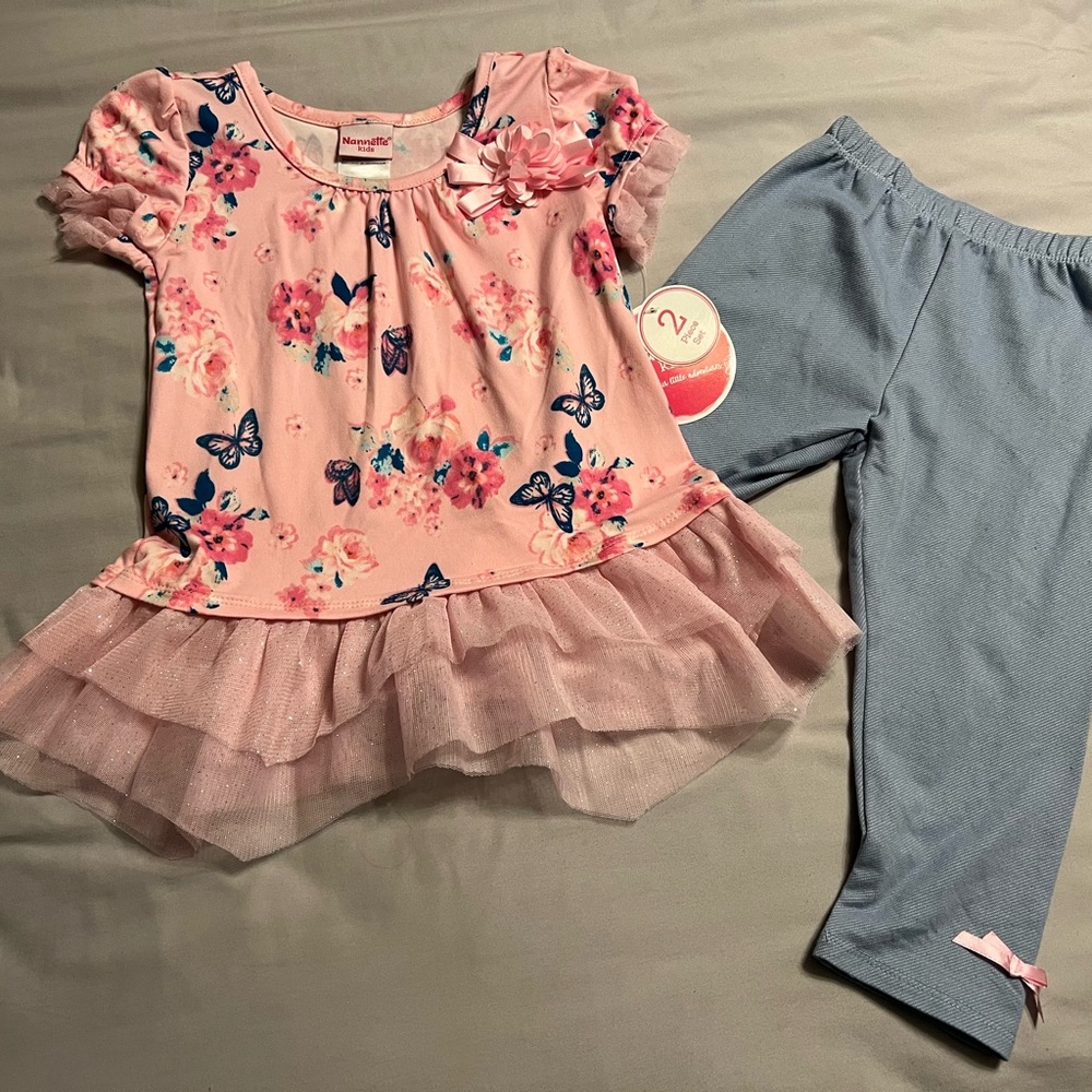 Pink Floral Peblum glitter lace Top and Blue capri Leggings Set 6